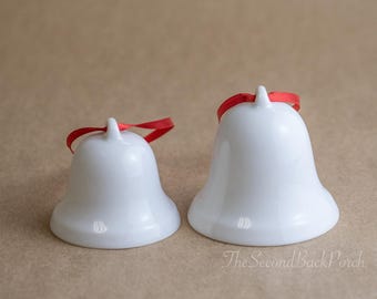 White Ceramic Bell Ornaments with Red Bow Set of Two