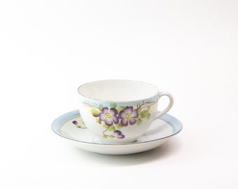 Hand-Painted Antique Porcelain Teacup and Saucer, Purple Floral Gold Trim, Cottagecore Tea Set
