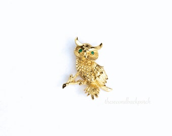Owl Gold Tone Brooch with Faux Green Emeralds by Monet Company
