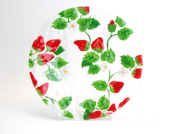 Strawberry Fused Glass 10 inch Plate with Acrylic Plate Stand  By Anne C Ross