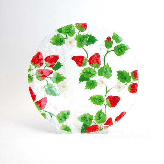 Strawberry Fused Glass 10 inch Plate with Acrylic Plate Stand  By Anne C Ross