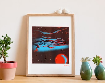 Silkscreen poster, art print, space swimmers, 30x40 cm