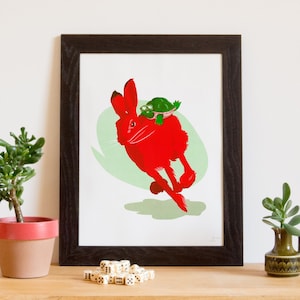 Screenprint displays, print art, hare and turtle, child or not. 30x40 cm