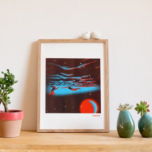 Silkscreen poster, art print, space swimmers, 30x40 cm