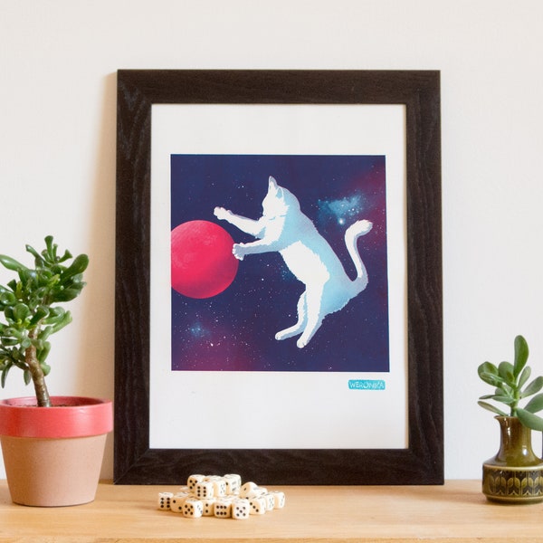 Siebdruck Poster Kunstdruck, Katze Ball Planet Weltraum, 30 x 40 cm