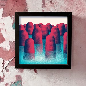 May include: A framed print of a digital illustration depicting a group of red, rounded shapes partially submerged in a turquoise blue liquid. The shapes are arranged in a staggered pattern, creating a sense of depth and movement.