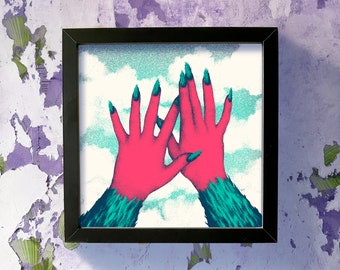 Sérigraphie artisanale affiche, art print mains écofeminisme 30x30cm