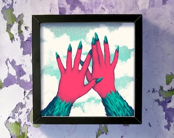 Artisanal screen printing poster, art print hands ecofeminism 30x30cm