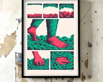 Hand-printed screen print poster, art print Cave 4 Eco-feminist comic strip 50x70cm