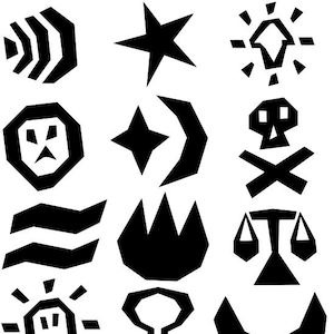 Può includere: Una collezione di forme geometriche nere su sfondo bianco. Le forme includono stelle, un teschio con ossa incrociate, una testa di leone, un sole, una corona e altri disegni astratti. Le forme sono tutte nere piene.