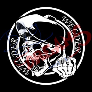 May include: A white skull wearing a welding helmet with the word "Welder" written around it. The skull is giving the middle finger.