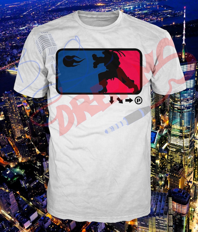 May include: White t-shirt with a blue and red logo featuring a silhouette of a person in a fighting pose. The logo also includes a fireball and the text "P".