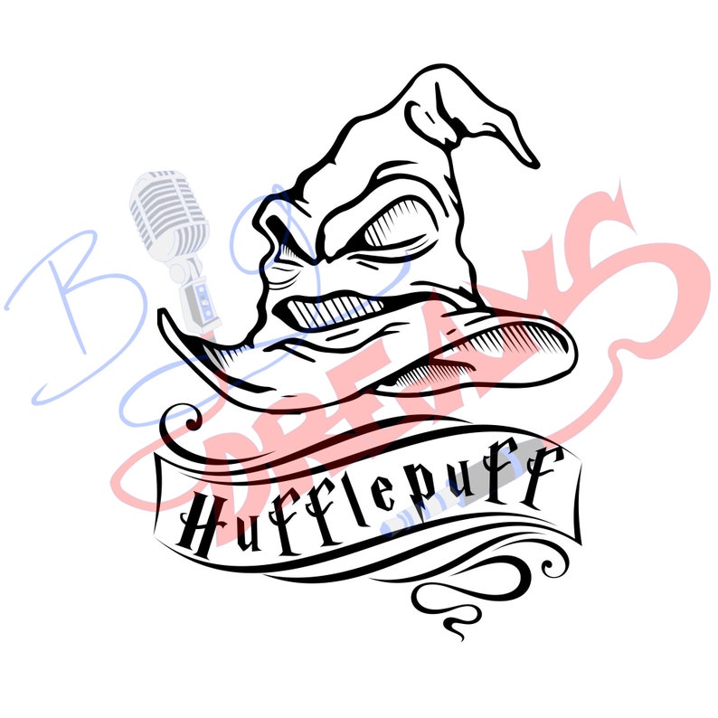 May include: Black and white illustration of the Sorting Hat from the Harry Potter series. The hat has a grumpy expression and is wearing a ribbon that says "Hufflepuff".
