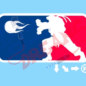 May include: A white silhouette of a person in a fighting pose, with a microphone on fire in the background. The image is stylized to look like a baseball logo, with a blue and red color scheme.