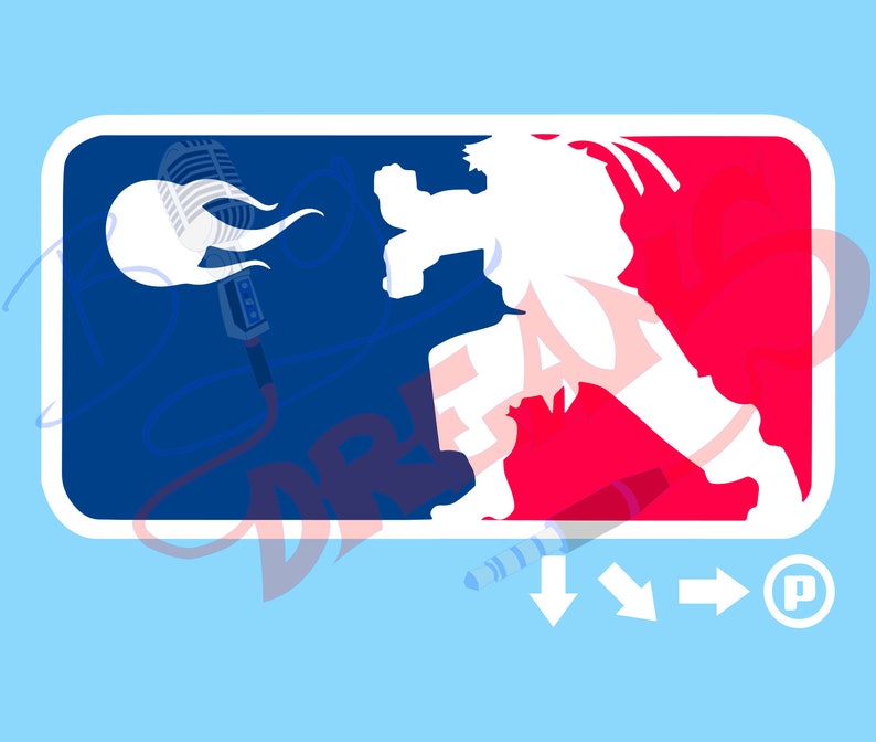 May include: A white silhouette of a person in a fighting pose, with a microphone on fire in the background. The image is stylized to look like a baseball logo, with a blue and red color scheme.