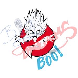 Puede incluir: Un personaje de dibujos animados blanco y negro con pelo puntiagudo y ojos azules, sacando la lengua, dentro de un círculo rojo con una línea que lo atraviesa. La palabra "Boo!" está en texto azul.