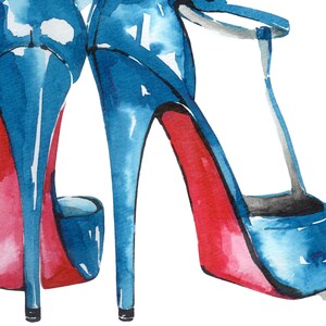 May include: Watercolor painting of two blue high-heeled shoes with red soles. The shoes have a t-strap design and a platform sole. The heels are long and slender.