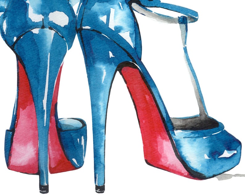 May include: Watercolor painting of two blue high-heeled shoes with red soles. The shoes have a t-strap design and a platform sole. The heels are long and slender.