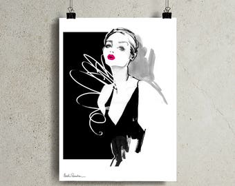 Woman Art Print B&W, Watercolor Original Illustration Print, Modern Wall Art Watercolor Print, Beautiful Woman Face Drawing Portrait