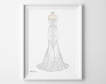 Custom Wedding Dress Illustration, Bridal Dress Illustration, Dress Portrait, Bride Dress Drawing, Wedding Gown Illustration