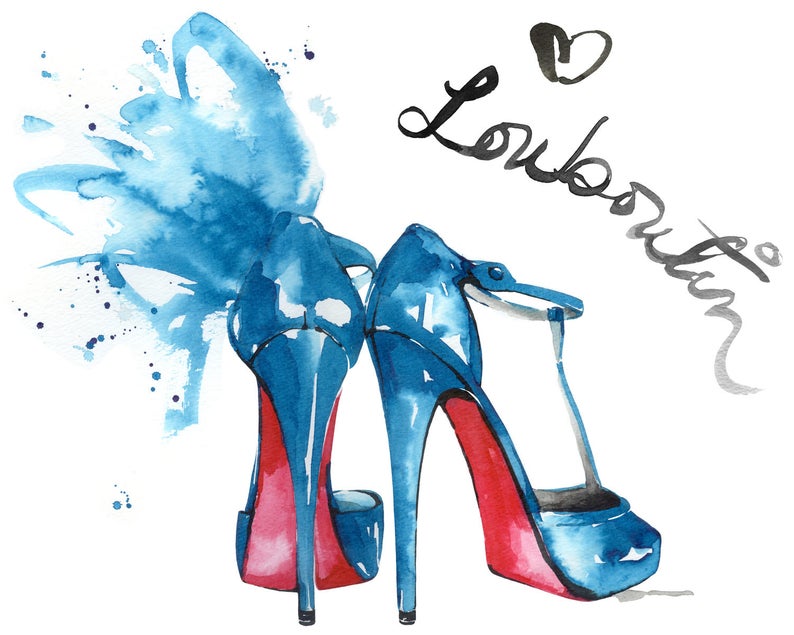 May include: Watercolor painting of two blue high-heeled shoes with red soles. The shoes have a T-strap design and are set against a white background with a blue watercolor splash and the handwritten word "Louboutin".