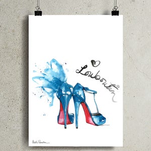 May include: Watercolor painting of two blue high-heeled shoes with red soles. The word "Louboutin" is written in cursive with a heart above it. A blue watercolor splash is behind the shoes.