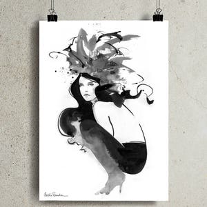 Black and White Art Print, Watercolor Fashion Illustration, B&W Fashion Illustration, Hair Salon Decor, Glamorous Salon Art Idea, Glam Art