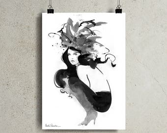 Black and White Art Print, Watercolor Fashion Illustration, B&W Fashion Illustration, Hair Salon Decor, Glamorous Salon Art Idea, Glam Art