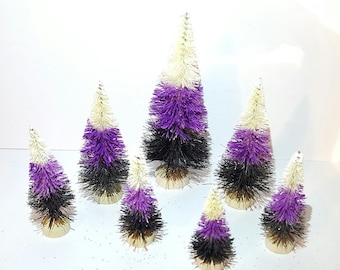 Lot of 7 Candy Corn Black Purple White HALLOWEEN Miniature Mini Ombre Sisal Bottle Brush Trees Set Bulk Crafts Gift Supply Decor