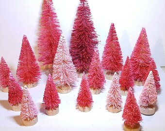 Set of 8 Mini Pink Sisal Bottle Brush CHRISTMAS TREES ~ Snow Frost Village Putz