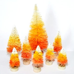 Lot of 8 Candy Corn HALLOWEEN Miniature Mini Ombre Sisal Bottle Brush Trees Set Free Shipping Bulk Crafts Gift Supply Decor