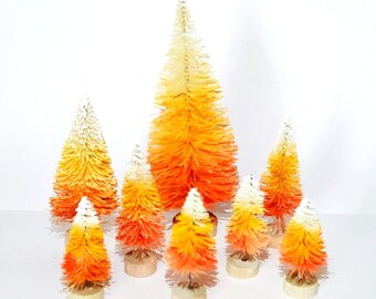 Lot of 8 Candy Corn HALLOWEEN Miniature Mini Ombre Sisal Bottle Brush Trees Set Free Shipping Bulk Crafts Gift Supply Decor