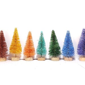 11 Gem Assorted Colors 2.5" Mini Sisal Bottle Brush Trees Lot Assorted Color Miniature Xmas Christmas Trees Retro Snow Village Free Shipping