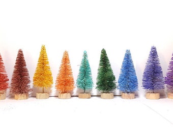 11 Gem Assorted Colors 2.5" Mini Sisal Bottle Brush Trees Lot Assorted Color Miniature Xmas Christmas Trees Retro Snow Village Free Shipping