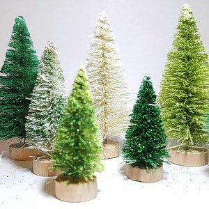 9pc Lot Assorted Light & Dark Green, White Flocked Mini Miniature Sisal Bottle Brush Trees Set Free Shipping Bulk Crafts Gift Supply Decor