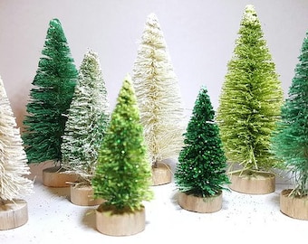 9pc Lot Assorted Light & Dark Green, White Flocked Mini Miniature Sisal Bottle Brush Trees Set Free Shipping Bulk Crafts Gift Supply Decor