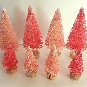 LOT of 8 Mini Miniature RED & PINK Snow Flocked Sisal Bottle Brush Snow Village Christmas Trees Free Shipping