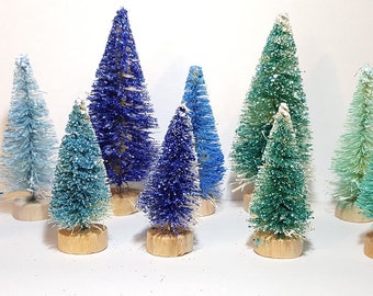 Lot of 10 MERMAID MIX Mini Miniature Blue Aqua Sisal Bottle Brush Trees Xmas Christmas Retro Wood Base © Lisa Dee Creations Free Shipping