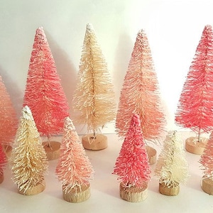 Lot of 11 Mini Miniature Custom RED PINK IVORY Snow Flocked Bottle Brush Trees Free Shipping Valentine&#39;s Day Decor Gift