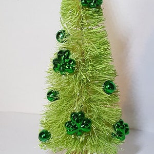 5&quot; Tall St PATRICK&#39;S DAY Light Green w/ Green Metallic Clovers Miniature Sisal Bottle Brush Trees Bulk Crafts Free Shipping