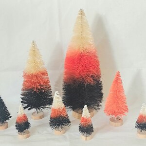 7&quot; Tall 8pc Black & Orange Candy Corn Ombre HALLOWEEN Fall Autumn Thanksgiving Miniature Mini Sisal Bottle Brush Trees Set Crafts Supply