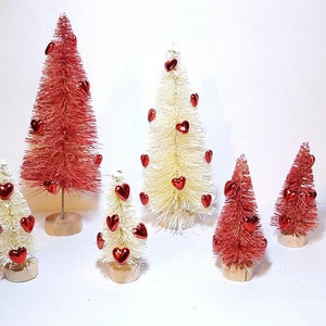 LOT 6 VALENTINE&#39;S DAY Gift Decor Ivory White & Red w/Red Metallic Hearts Miniature Bottle Brush Trees Crafts Valentine