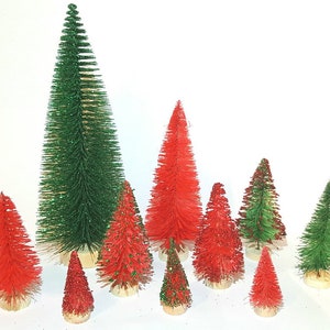 10pc 8&quot; TALL Glittery Green & Red Holiday Mix Mini Miniature Sisal Bottle Brush Trees Set Free Shipping Bulk Crafts Gift Supply Decor