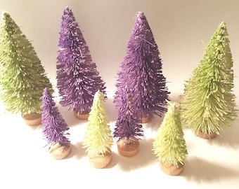 LOT 8 Mini Purple and Green HALLOWEEN Spooky Village Decor Mix Miniature Sisal Bottle Brush Trees