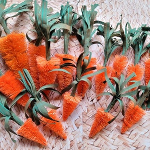 Set of 5 Easter Farmhouse Bottle Brush Tree Carrots with Vintage French Satin Leaves Free Shipping Easter Bunny Decor Crafts Gifts