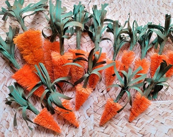 Set of 5 Easter Farmhouse Bottle Brush Tree Carrots with Vintage French Satin Leaves Free Shipping Easter Bunny Decor Crafts Gifts