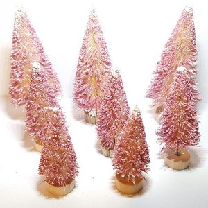 8 Glittery METALLIC PINK Mini Miniature Sisal Bottle Brush Trees Mini Xmas Trees Free Shipping Snow Village
