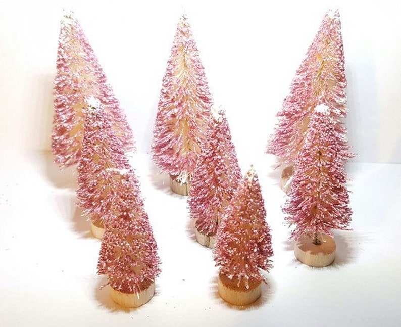 8 Glittery METALLIC PINK Mini Miniature Sisal Bottle Brush Trees Mini Xmas Trees Free Shipping Snow Village image 1