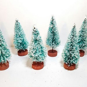 8 Vintage Bottle Brush Trees Lot Mica Flaked Wood Red Base Japan - Free Shipping