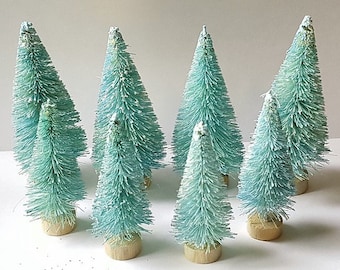 LOT 8 Mini AQUA Light Blue Teal Miniature Sisal Bottle Brush Christmas Xmas Trees Snow Village Free Shipping!